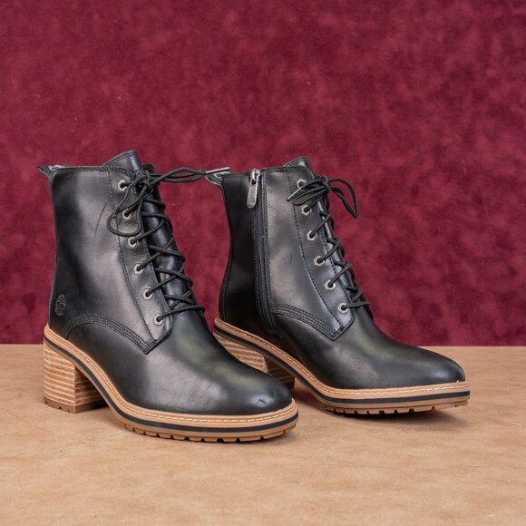 Timberland Women Sienna Black Leather Zip Lace Lug Combat Ankle Boots size 6 - Picture 1 of 8